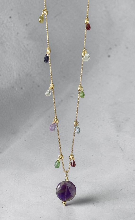 Collar largo gotas amatista oro