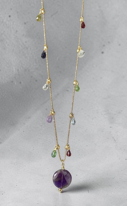 Collar largo gotas amatista oro