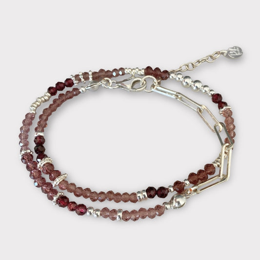 Pulsera doble granates cristales plata