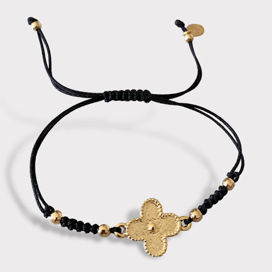 Pulsera hilo trébol bolitas oro