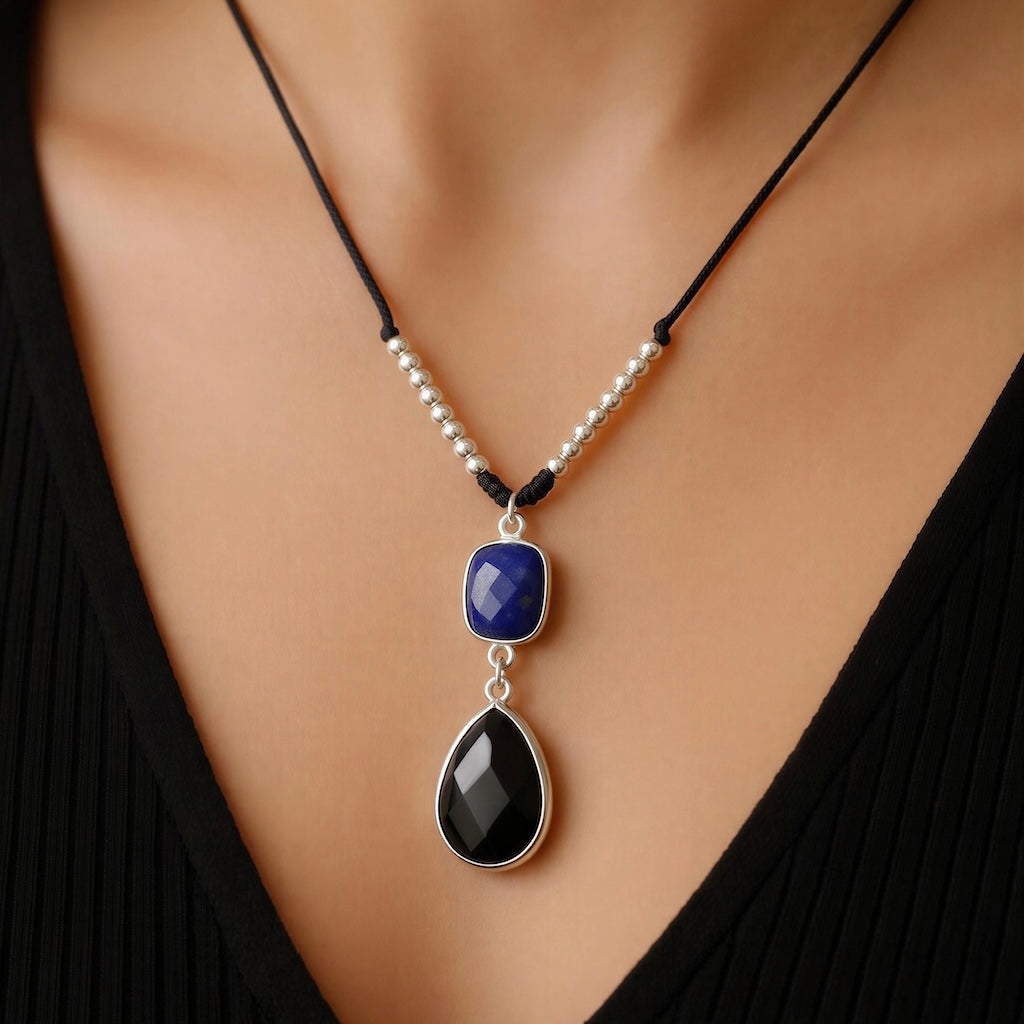 Collar hilo lapislázuli ónix plata