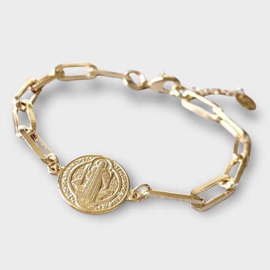 Pulsera eslabones medalla san Benito oro