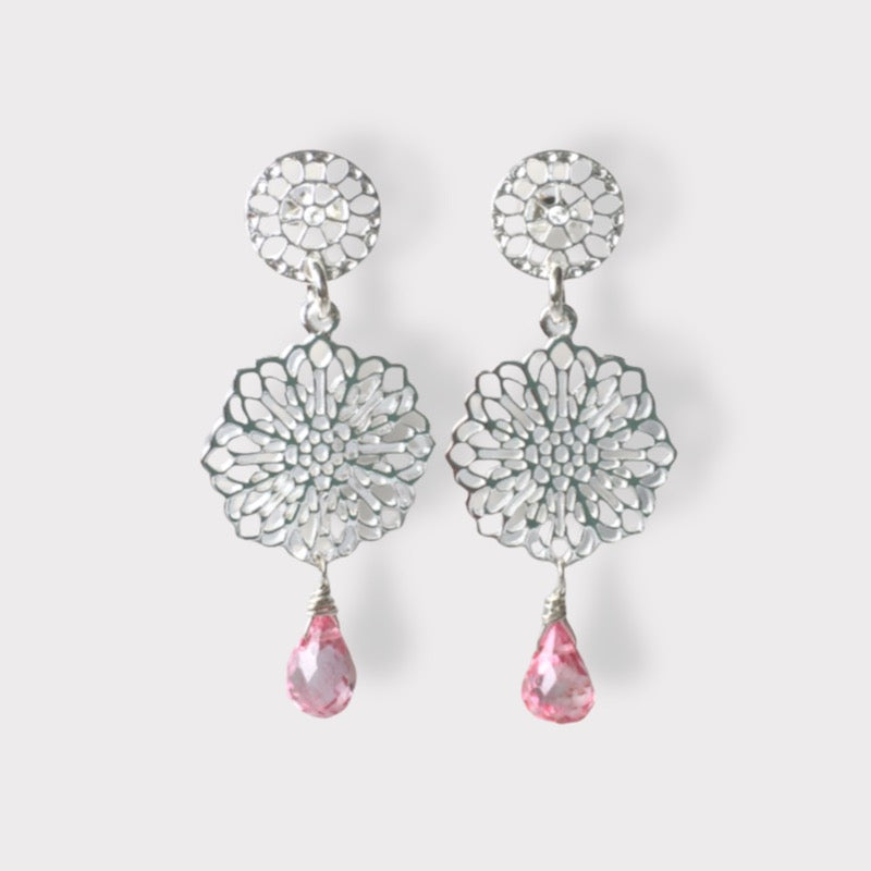 Aros mandala topacio rosa plata