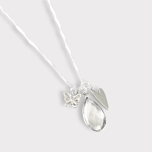 Collar trío corazón mariposa plata